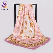 [BYSIFA] Silk Scarves for Women New Roses Satin Square Head Hijabs Scarfs For Ladies Foulard Luxury Brand Shawls 90*90 Bandana 2024 - buy cheap