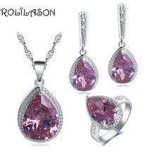 ROLILASON-diseño de gota de agua para mujer, pendientes, collar, anillos colgantes, conjuntos de joyería, cristal blanco de circonita rosa y plata 925, JS734 2024 - compra barato