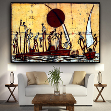 Pintura abstrata à óleo de paisagem, figura africana, barco, tela, pôsteres, impressões, quadros, arte, parede, imagem para sala de estar 2024 - compre barato