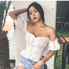 2019 New Arrival Boho Sexy Summer Crop Top Womens Tops and Blouses Puff Sleeve Off Shoulder Lace Up Beach Shirt blusa feminina 2024 - buy cheap