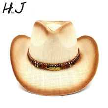Women Men Straw Western Cowboy Hat With Bohemian Leaves Band For Lady Dad Handmade Weave Hombre Cowgirl Jazz Caps Size 58CM 2024 - buy cheap