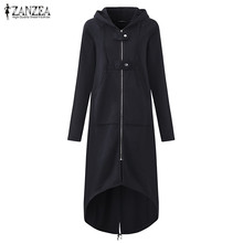 Свитшот ZANZEA женский с капюшоном и длинным рукавом, худи на молнии, однотонная длинная куртка с асимметричным подолом, черная верхняя одежда,... 2024 - купить недорого
