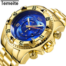 Часы наручные мужские Кварцевые полностью стальные, роскошные модные креативные водонепроницаемые с большим циферблатом, золотистые синие 2024 - купить недорого