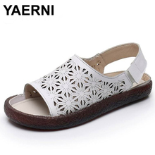 YAERNI   Women's Sandals 2019 Summer Genuine Leather Handmade Ladies Shoe Leather Sandals Women Flats Retro Style Shoes 2024 - buy cheap