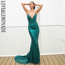 LOVE&LEMONADE Sexy Green Deep V Neck Open Back Geometry Sequins Long Dress  LM81225 2024 - buy cheap