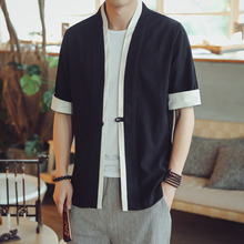 Camisa masculina de manga curta de algodão, camisa de linho + cardigan em cor sólida, estilo chinês, vintage, plus size, verão, 4321 2024 - compre barato