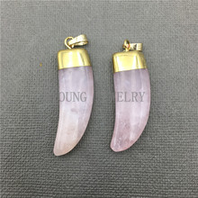 MY0603 Horn Tusk Rose Quartzs Pendant  with Pure Gold Color Cap.Pink Crystal Charm Necklace Pendant 2024 - buy cheap
