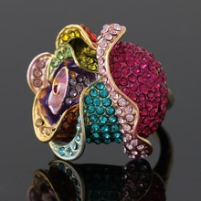 Unique Design Real Big Rose Flower Rings  Gold-color Pink White Blue Green Crystal Inlay Womens Fashion Engagement Ring 2024 - buy cheap