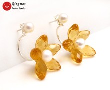 Qingmos-pendientes de perlas naturales para mujer, 5-6mm, Perla blanca y Flor naranja, pendientes de cristal de doble cara, joyería 2024 - compra barato