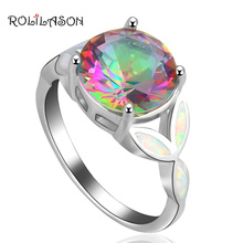ROLILASON 2019 Stylish Round Multi Zircon Prong setting White fire Opal  silver plated  Rings USA Ring sz #6#7#8#9#10 OR642 2024 - buy cheap