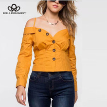 Bella philosoms-Blusa de manga larga para mujer, camisa sexy con botones y cuello oblicuo, Estilo vintage, a la moda, 2018 2024 - compra barato