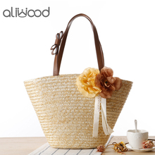 Aliwood, Сельский стиль, женские соломенные сумки, твердые сумки на плечо, сумка, богемная плетеная пляжная сумка из ротанга, вязаная сумка с короткими ручками и бантом 2024 - купить недорого