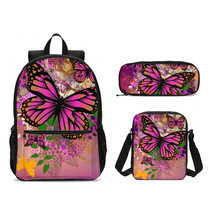 3d borboleta rosa flora impressão sacos de escola conjuntos 3 pçs crianças homens mochila bagpack caneta saco de comida mujer bolsa escolar termica 2024 - compre barato