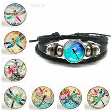Fashion Handmade Dragonfly Glazed Insect Glass Dome Art Illustration Jewelry Black Button Leather Bracelet Pendant Crafts Gifts 2024 - buy cheap