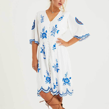 Bohemian Summer Dress 2019  Vintage Blue Embroidery Women Dress short Sleeve V-neck Button Front Boho Dress Long Cotton Vestidos 2024 - buy cheap