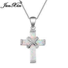 Brand Design Female Crystal Cross Necklace White Fire Opal Necklaces & Pendants Fashion silver color Wedding Jewelry 2024 - buy cheap