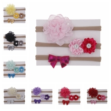 Diademas de nailon para niñas pequeñas, lazos de lentejuelas y flores, accesorios para el cabello, Set de regalo, 3 unids/lote 2024 - compra barato