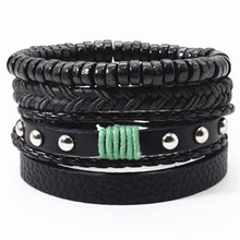 Rivet Black Beads Green Rope Woven Multilayer Leather Bracelets Set  Men Bracelets Women Homme Fashion Jewelry Accessories 2024 - buy cheap