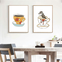 Impresiones de decoración para el hogar, pintura de estilo nórdico, taza de café, imágenes de aves, arte de pared, lienzo en módulos, póster moderno para FONDO DE mesita de noche 2024 - compra barato