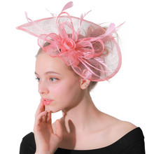 Elegant Womens Pink Sinamay Fascinator Hat Bridal Feather Hair Clips Headwear Hairpin Net Navy Ladies Wedding Hair Accessories 2024 - buy cheap