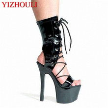 17cm summer women's boots, sexy open toe boots, fashion lace-up soft leather boots, high heel model catwalk ankle boots 2024 - buy cheap