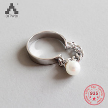 Anéis abertos de prata esterlina 925 com corrente de pérola fashion joias de prata para mulheres anel ajustável 2024 - compre barato