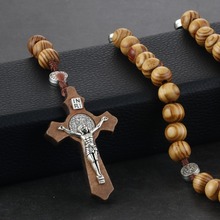 Retro Wooden Rosary Beads Necklace for Women Mother Gifts Saint Benedict Medal Cross Jesus Pendant Religious Jewelry colar CN17 2024 - buy cheap