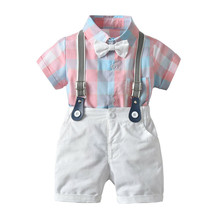 Crianças da criança roupas do bebê menino cavalheiro roupa roupas rosa xadrez camiseta topo + macacão shorts meninos roupas 2pcs conjuntos 2024 - compre barato
