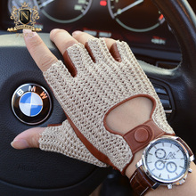 Latest Man Locomotive Half Finger Sheepskin Gloves Knitted + Leather Driving Gloves Male Semi-Finger Fitness Gloves M-61 2024 - buy cheap