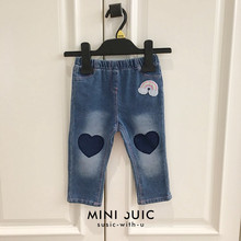 Calça jeans elástica de malha para bebês meninas, calça jeans infantil adorável macia para crianças pequenas, calças coreanas 2024 - compre barato