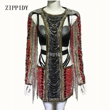 Sparkly Crystals Black Red Rhinestones Dress Sexy Stage Wear Chains Design Costume Female Singer Performance Outfit 2024 - buy cheap