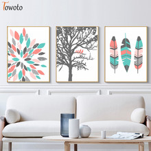 Póster con estampado de plumas, pintura en lienzo Tribal, arte de pared de menta Coral, decoración de habitación de niña, sala de estar de pared para imágenes, decoración de guardería 2024 - compra barato