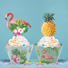 Envoltório de cupcake + topper de bolo, 24 peças/st trópico flamingo/abacaxi + enfeite de bolo para casamento, festa de aniversário do havaí, suprimentos de decoração de bolo 2024 - compre barato