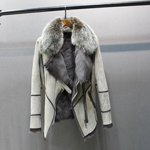 Casaco de couro de ovelha com gola com pele de raposa, jaqueta feminina slim de pele de ovelha e corvino, estilosa, outono, 100% 2024 - compre barato