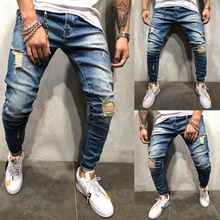Мужские рваные потертые джинсы, облегающие брюки в стиле хип-хоп с нашивками, брюки из денима с потертостями, байкерские облегающие брюки, новинка 2019, 3XL 2024 - купить недорого