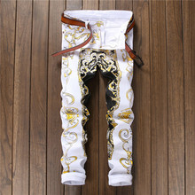 Calça jeans masculina estampada casual, nova moda em tecido elástico com estampas florais 2024 - compre barato