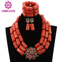 Collar de cuentas de Coral para boda africana, conjunto de collar de cuentas de 3 capas, pulsera, juego de pendientes para mujeres, envío gratis, CNR554 2024 - compra barato