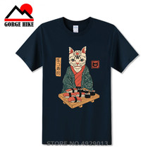 Camiseta de manga corta para hombre, prenda de vestir, estilo japonés, Sushi, Ukiyo E, tatuaje de samurái, gato, Hip Hop, bordado 2024 - compra barato