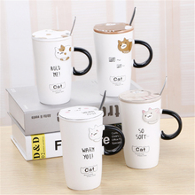 Taza de café de cerámica con diseño de gato para chica, vaso de café con cuchara y cubierta, taza de café con dibujos animados con agarre de mano, regalo para Amiga, 500 ML 2024 - compra barato