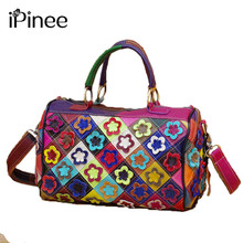 Ipinee bolsa carteiro feminina de couro, artesanal colorida com apliques couro legítimo, bolsa de mão cruzada em couro de vaca, estilosa de marca 2024 - compre barato