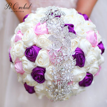 Buquê de casamento rosa e roxo com strass, broche de cetim com cristais rosas, buquê de flores de dama de honra, noivas 2024 - compre barato
