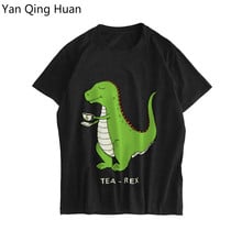 Yan qing huan 2019 verão novo dinossauro quente animal impressão t em torno do pescoço algodão manga curta tamanho grande S-5xl camiseta feminina 2024 - compre barato