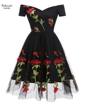 Baharcelin-vestido de encaje con cuello de barco para mujer, elegante, bordado de rosas, Sexy, para fiesta, verano, 2019 2024 - compra barato