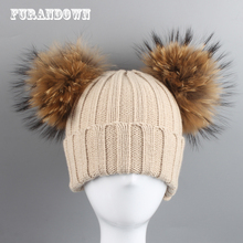 Parent-Child Winter Hats For Kids Real Raccoon Fur Pompom Hat Baby Cotton knitted Cap Boys Girls Skullies Beanies 2024 - buy cheap