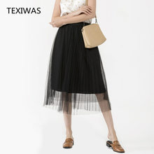 TEXIWAS Summer skirt Fashion Mesh Princess Midi A line skirt Womens Tulle Pleated Dance Lolita Elastic High Waist Party Skirts 2024 - buy cheap