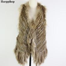 Sexy backless womens natural real rabbit fur vest with raccoon fur collar waistcoat/jackets with tassel rabbit knitted winter 2024 - buy cheap