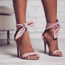 Sandalias de ante de imitación para mujer, zapatos femeninos de tacón alto fino con correa al tobillo, con hebilla y nudo, color rosa y amarillo, para verano 2024 - compra barato