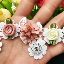 10X de algodón blanco de cuero con flor Rosa 3D diamante cinta para ajuste, cordón bordado vestido de boda DIY costura artesanal Vintage apliques 2024 - compra barato