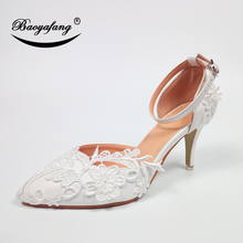 BaoYaFang 8cm thin heels shoes Woman Appliques ankle strap Buckle fashion shoes Sweet White Lace pointed toe Wedding shoes 2024 - buy cheap