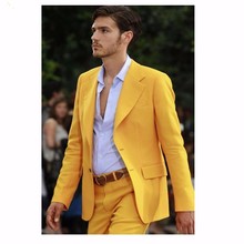 Trajes de negocios ajustados para hombre, trajes de esmoquin con solapa de muesca hechos a medida para boda, a la moda, color amarillo, (chaqueta + pantalones), 2019 2024 - compra barato